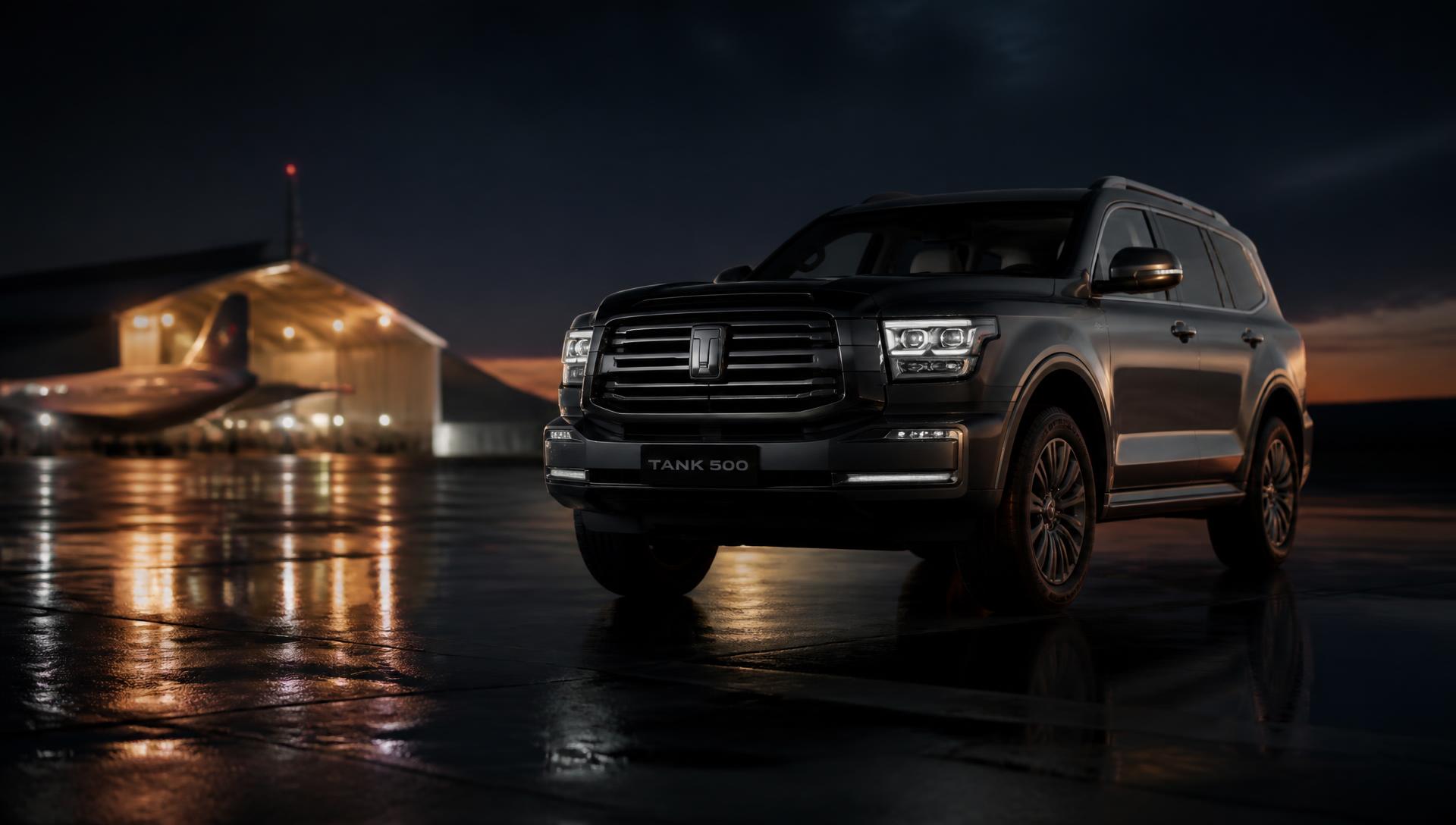 Modern GWM SUV lit by warm light on wet tarmac at dusk